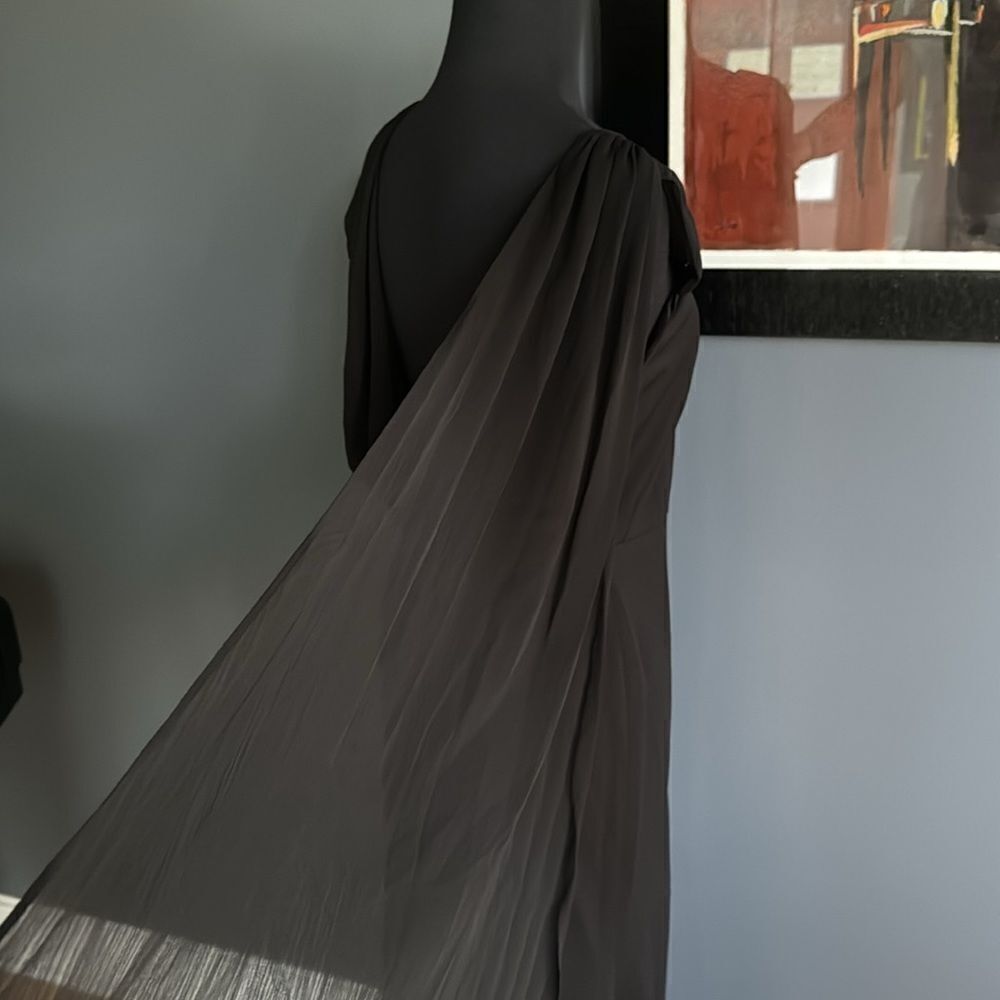 DKNY black chiffon sweetheart neckline sheer gathered shoulder draped back maxi - Picture 7 of 8